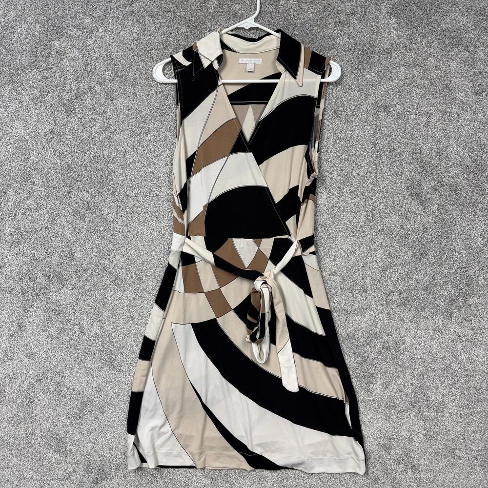 New York & Company Wrap Dress L Geometric Collared Belted Retro Mod Workwear